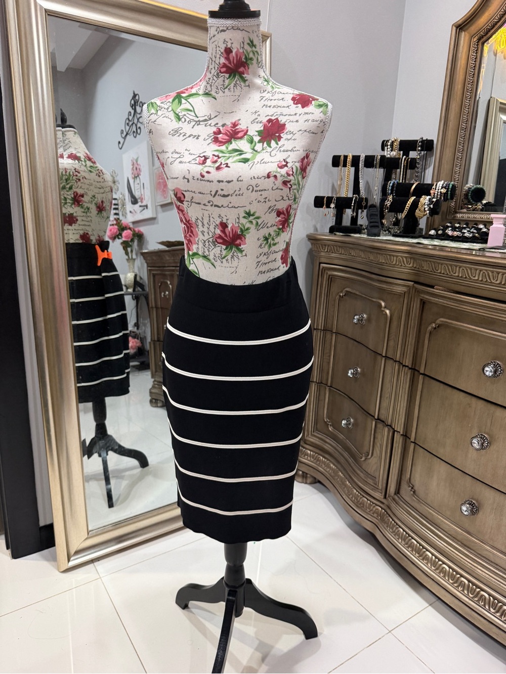 Elle Black Pencil Skirt with White Horizontal Stripes